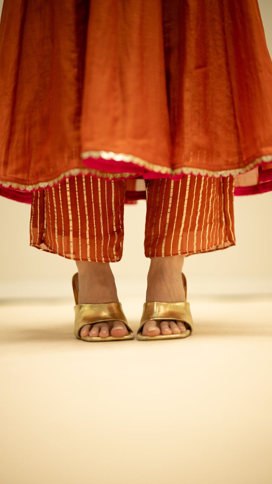 Taarini Mul Chanderi Anarkali Set in Burnt Orange