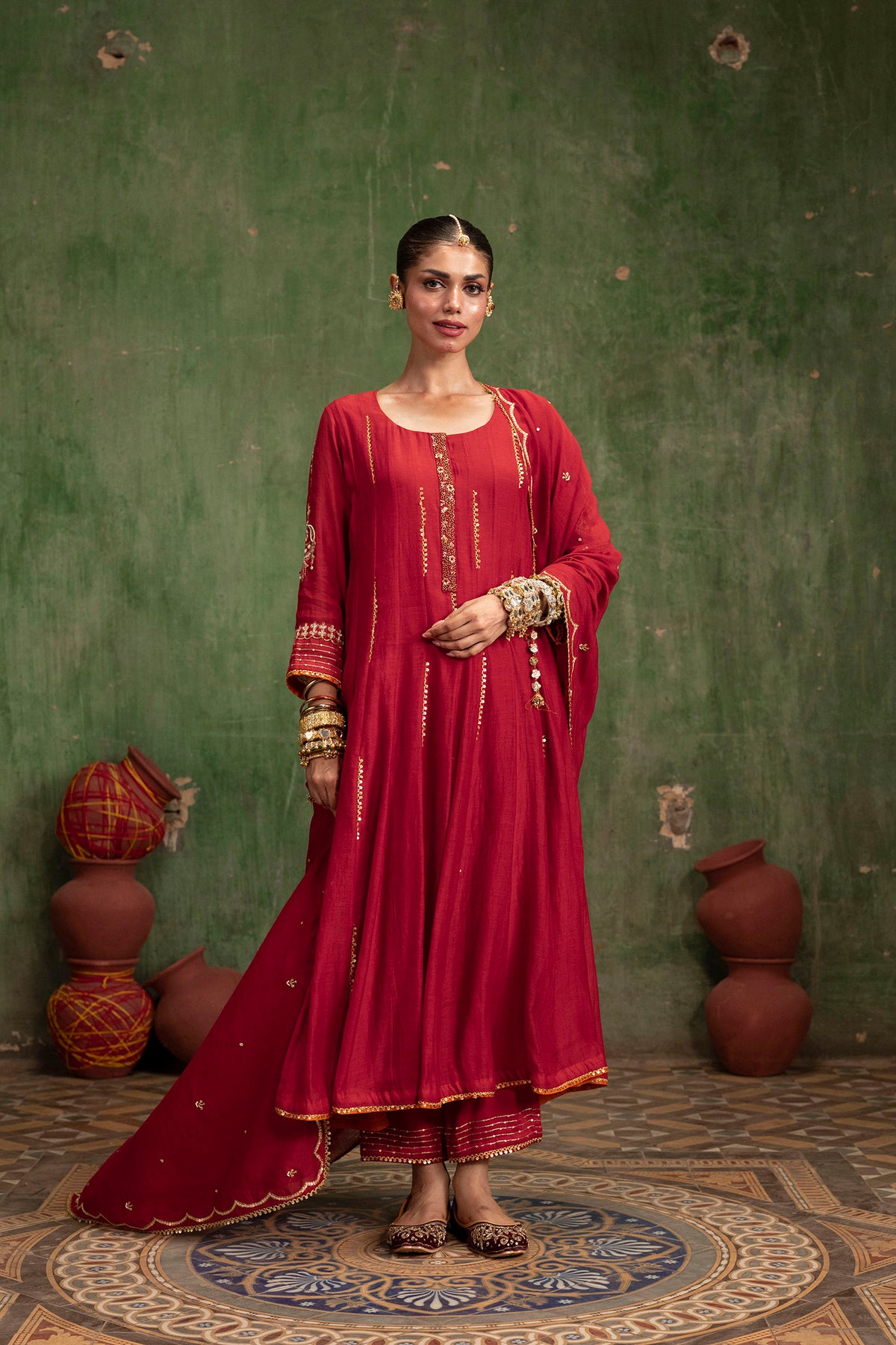 Itraati Mul Chanderi Anarkali Set in Surkh