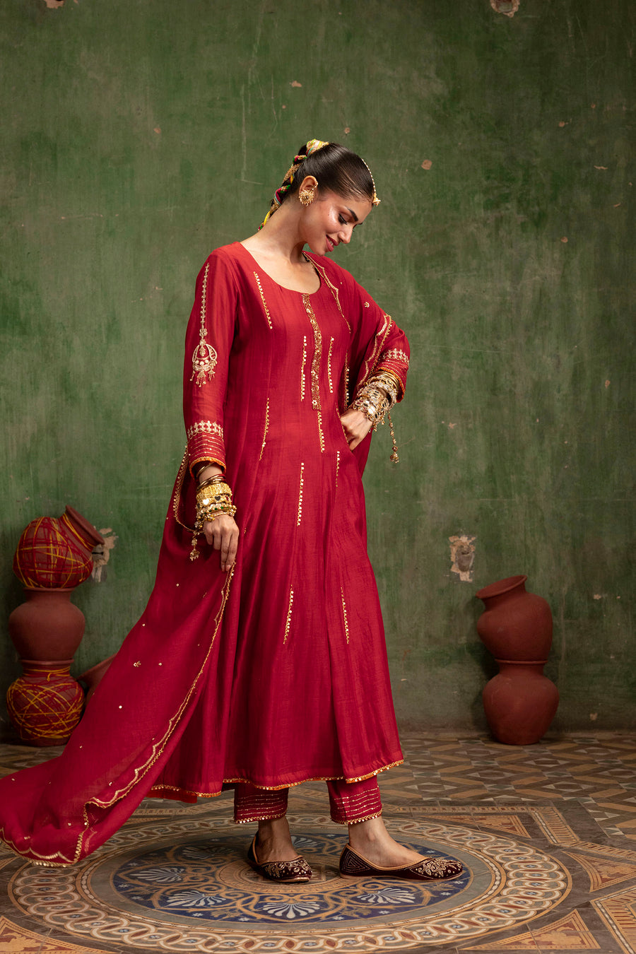 Itraati Mul Chanderi Anarkali Set in Surkh