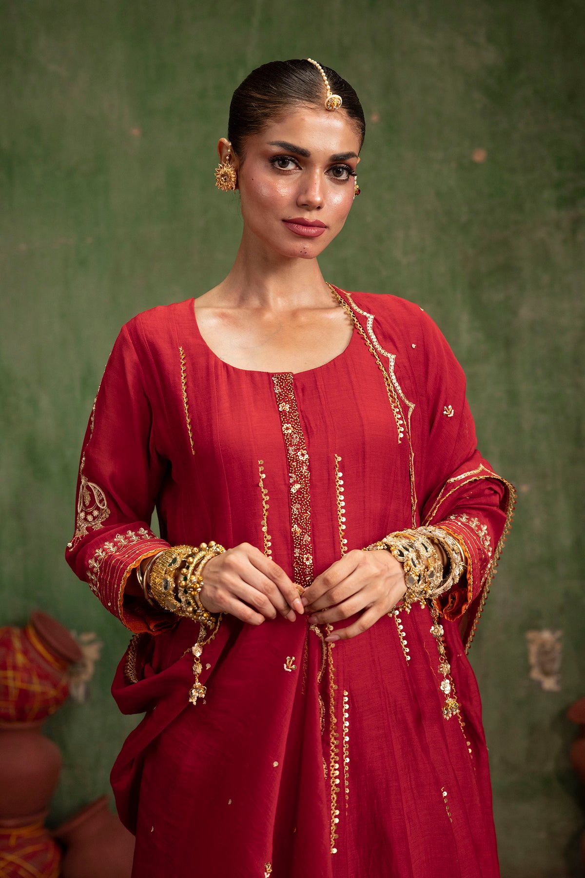 Itraati Mul Chanderi Anarkali Set in Surkh