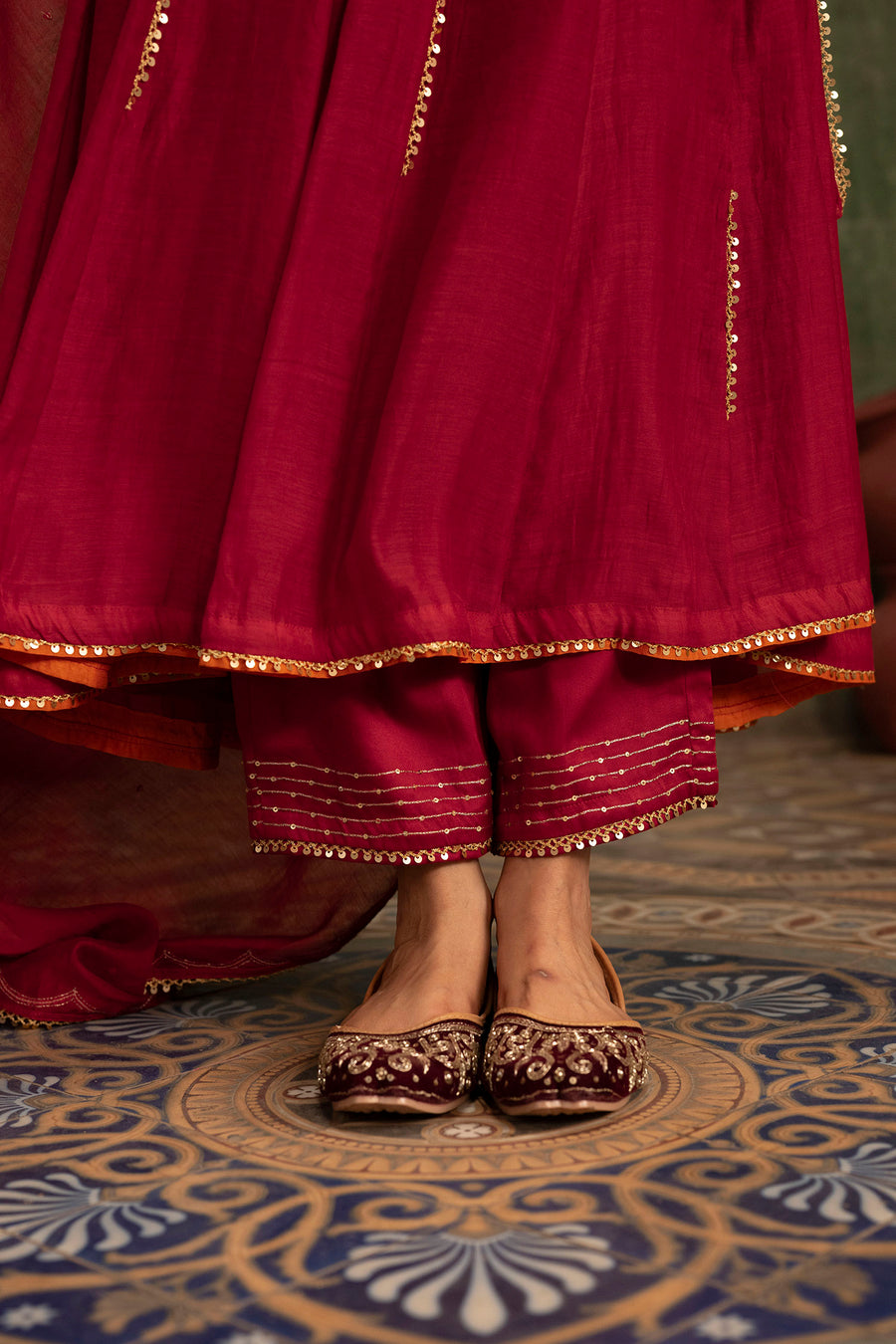 Itraati Mul Chanderi Anarkali Set in Surkh
