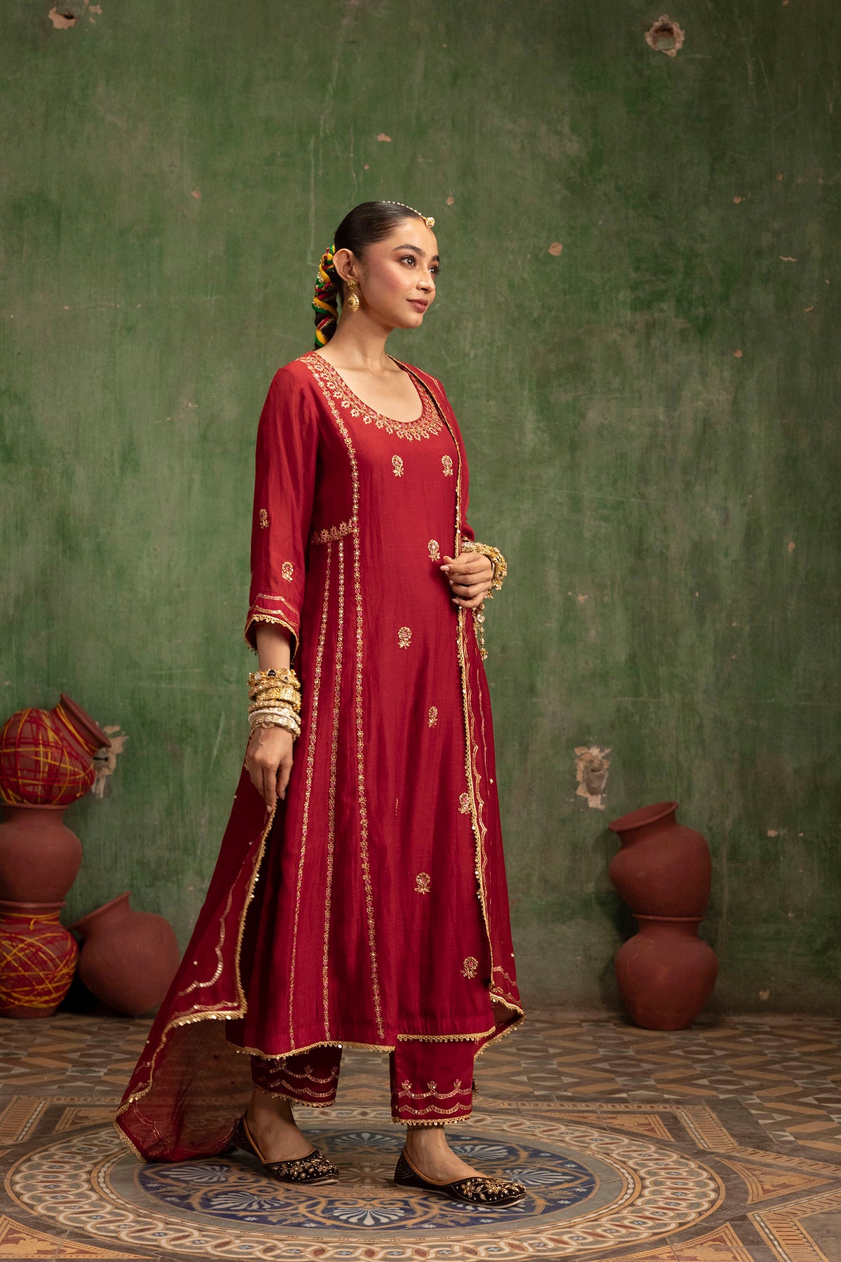 Aaliyah Silk Chanderi Aline Kurta Set in Crimson Red