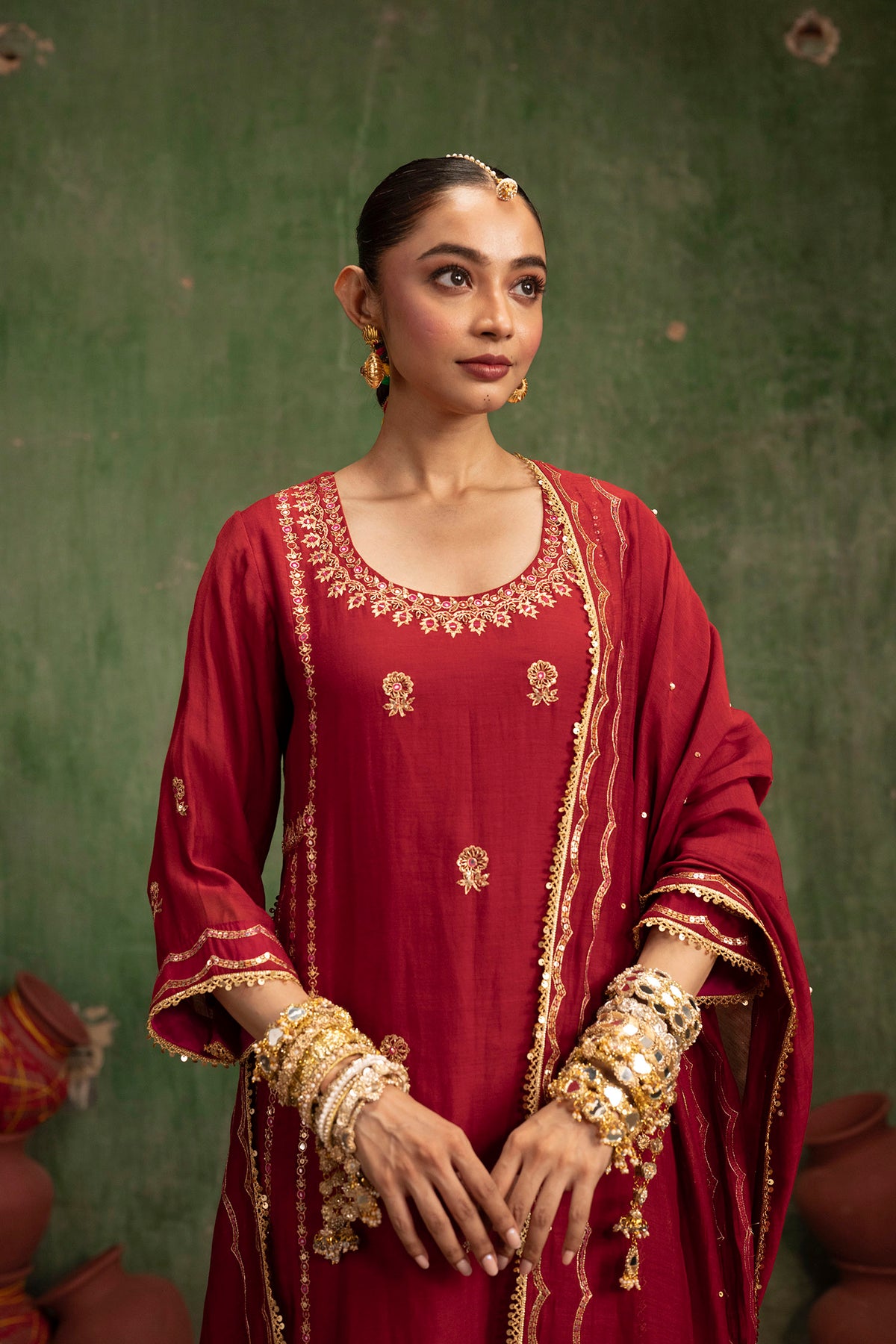 Aaliyah Silk Chanderi Aline Kurta Set in Crimson Red