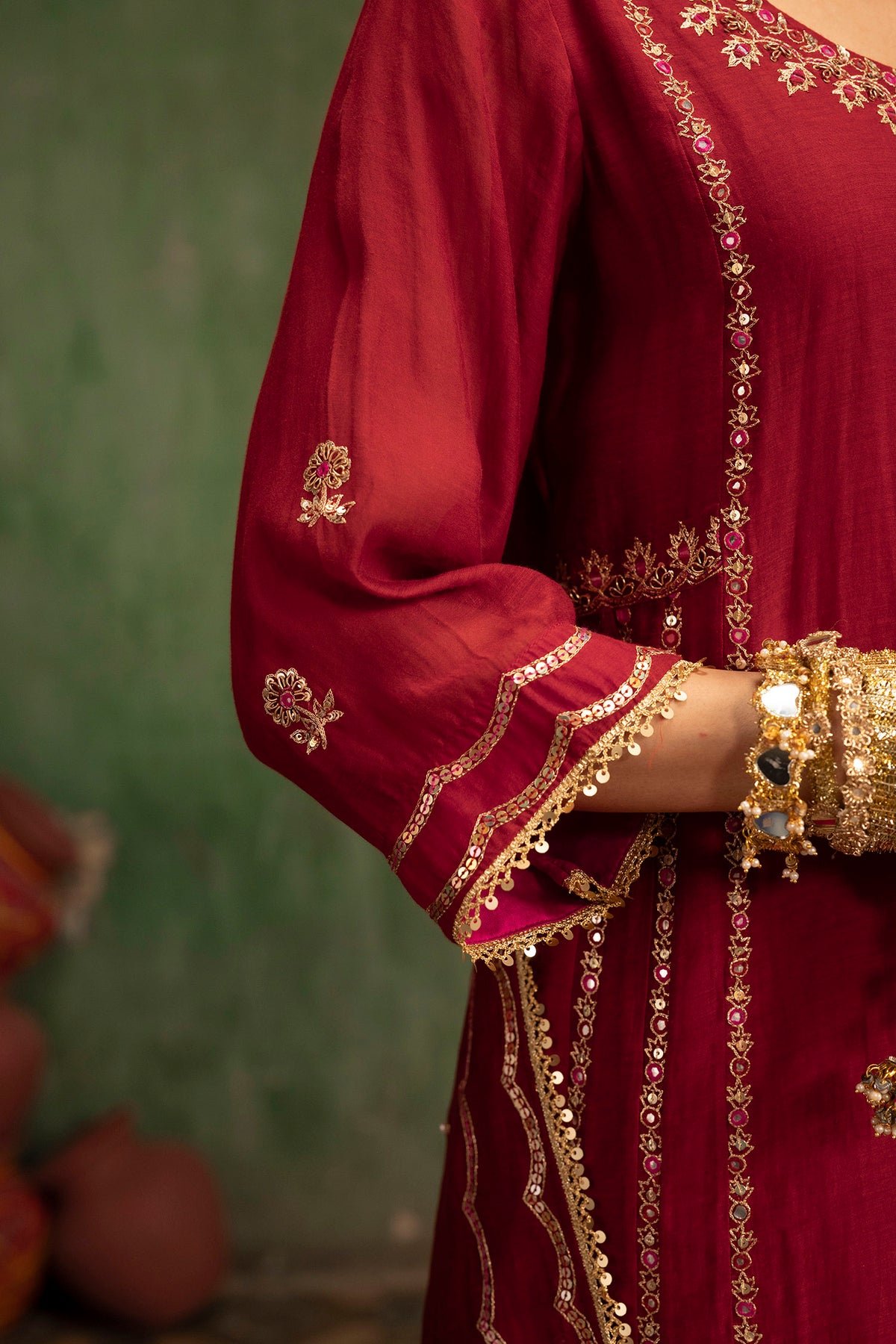 Aaliyah Silk Chanderi Aline Kurta Set in Crimson Red