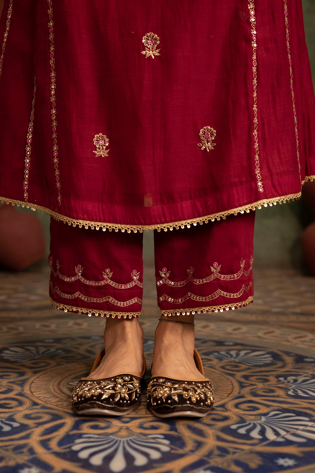 Aaliyah Silk Chanderi Aline Kurta Set in Crimson Red