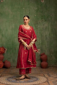 Aaliyah Silk Chanderi Aline Kurta Set in Crimson Red