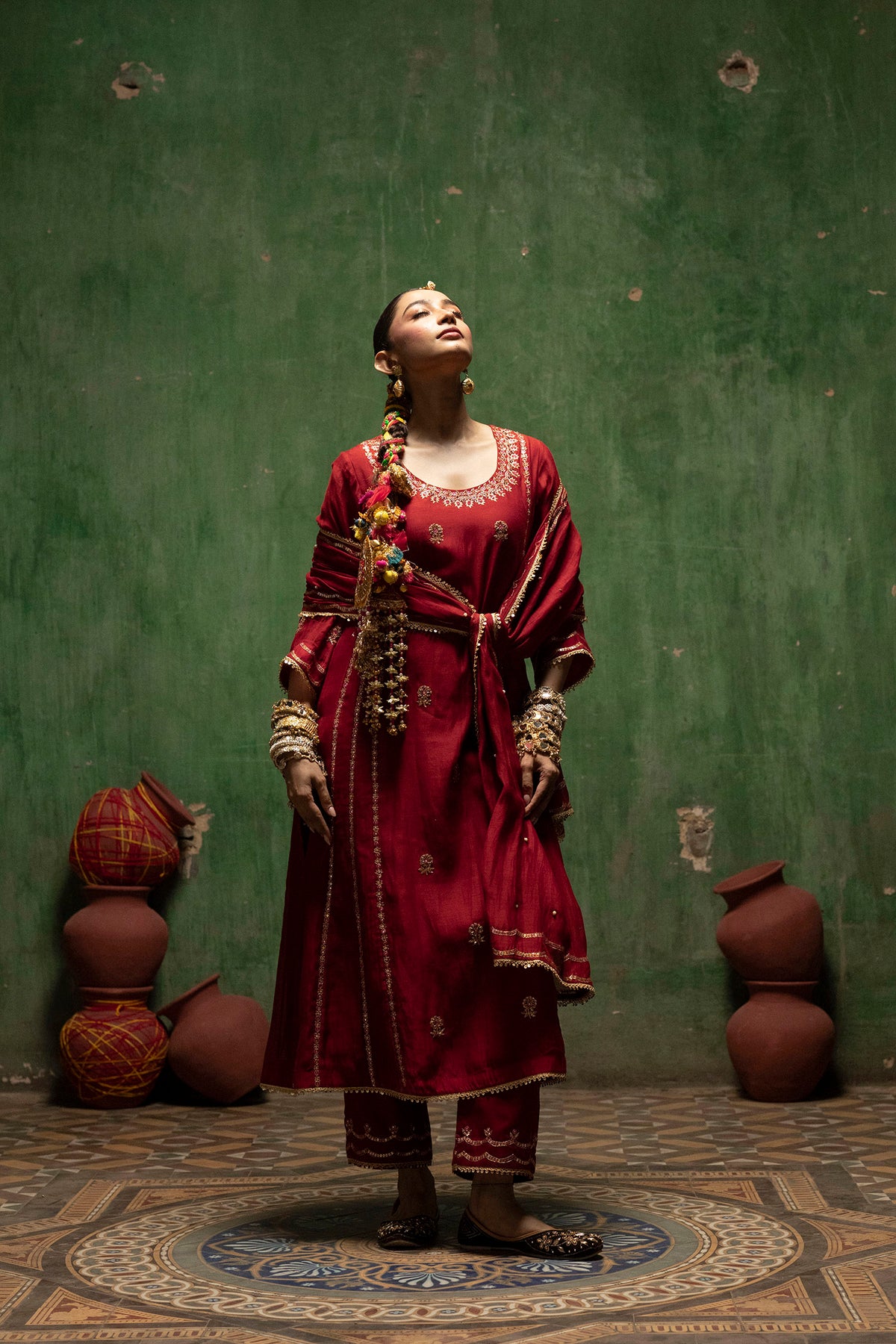 Aaliyah Silk Chanderi Aline Kurta Set in Crimson Red