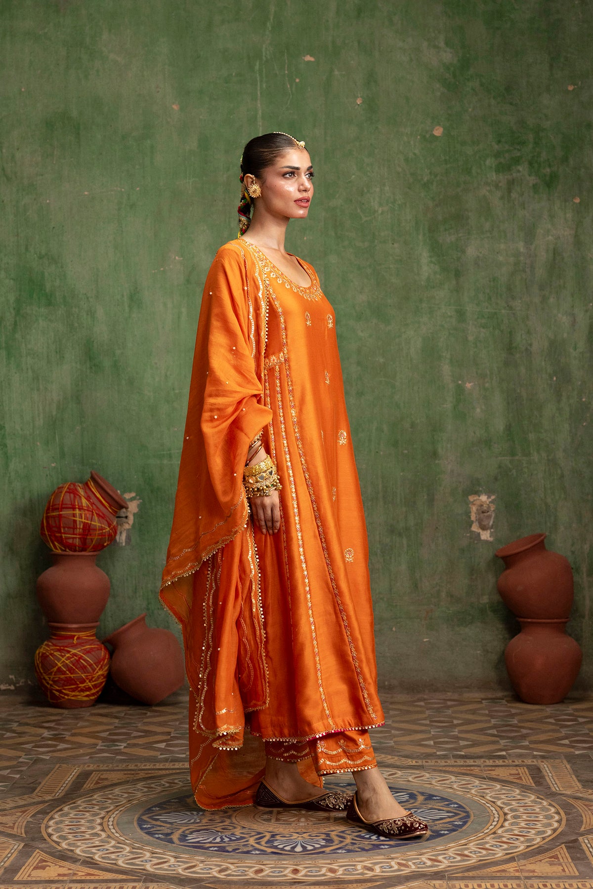 Aaliyah Silk Chanderi Aline Kurta Set in Orange