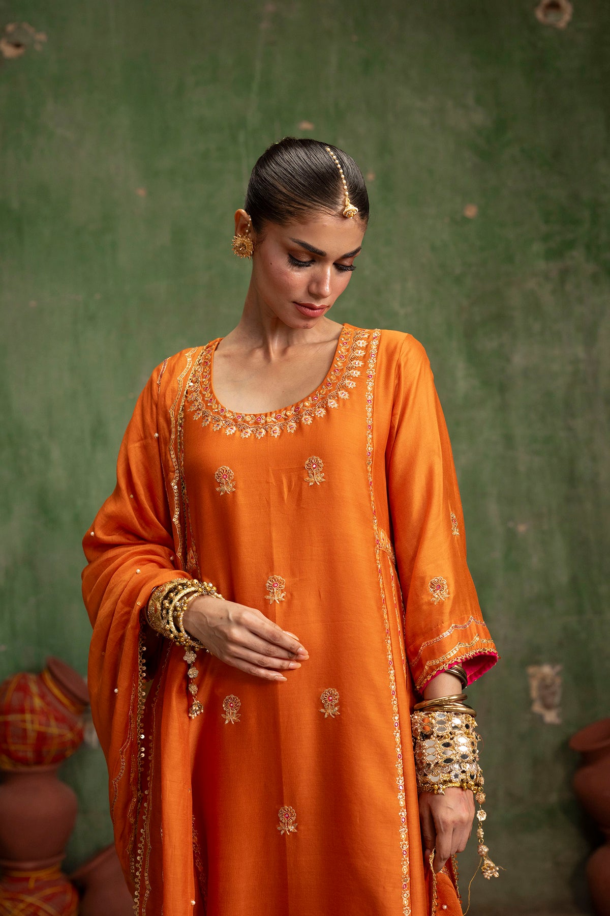 Aaliyah Silk Chanderi Aline Kurta Set in Orange