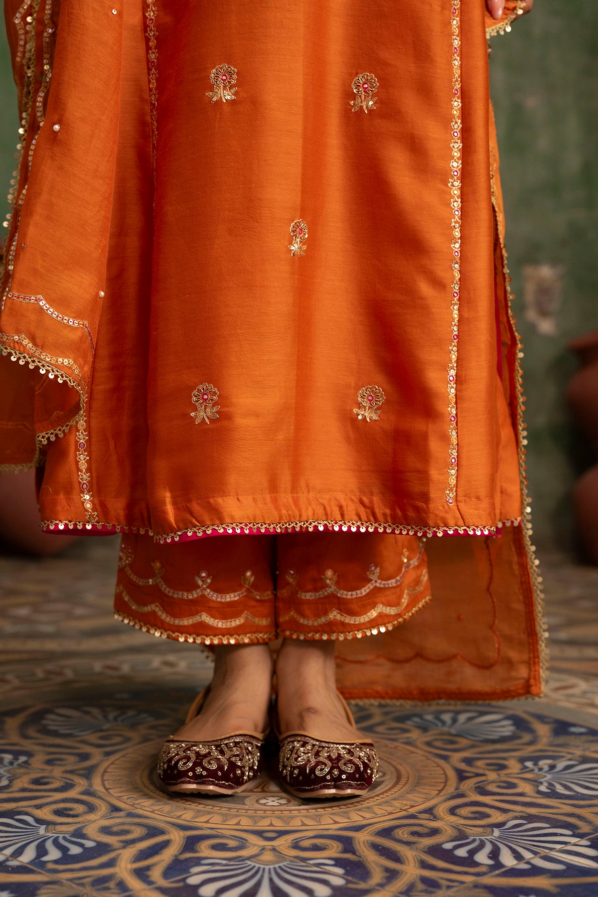 Aaliyah Silk Chanderi Aline Kurta Set in Orange