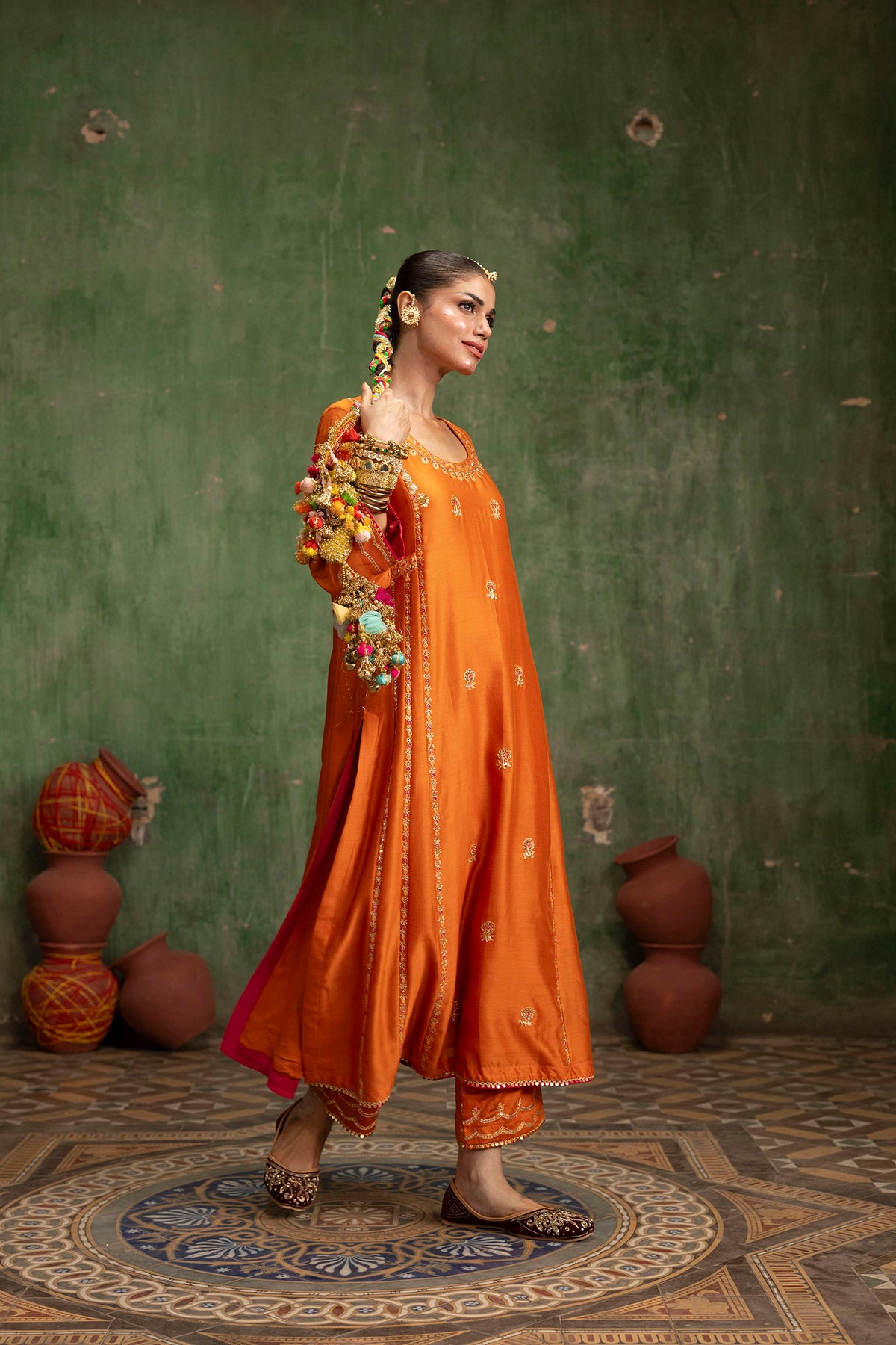 Aaliyah Silk Chanderi Aline Kurta Set in Orange