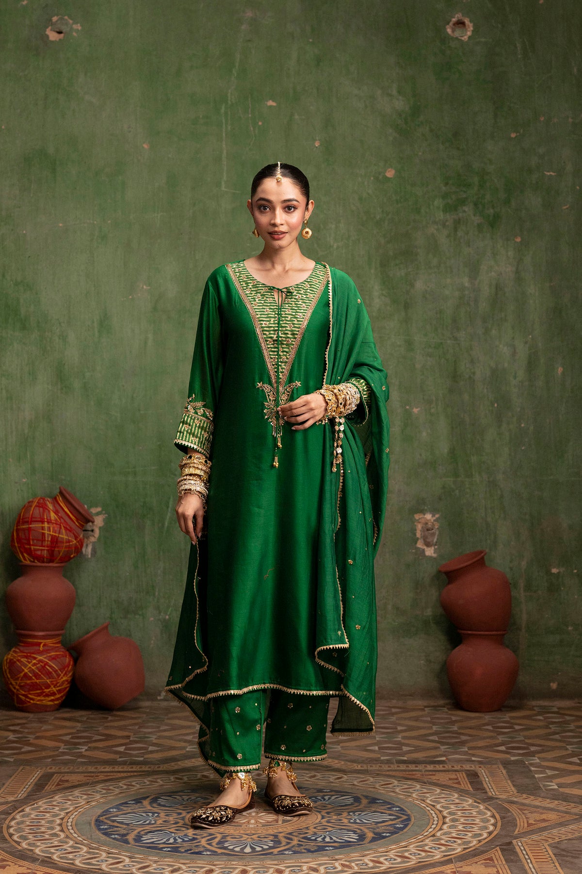 Saanjh Silk Chanderi Aline Kurta Set in Panna
