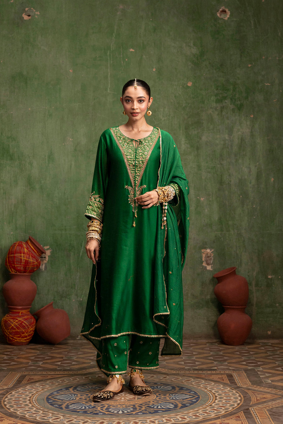Saanjh Silk Chanderi Aline Kurta Set in Panna