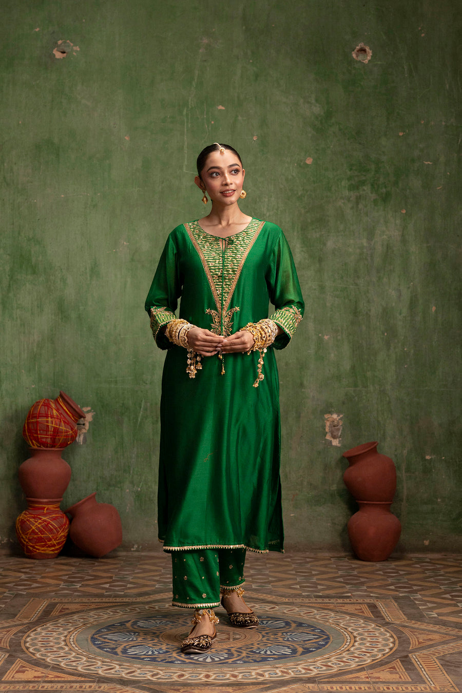Saanjh Silk Chanderi Aline Kurta Set in Panna