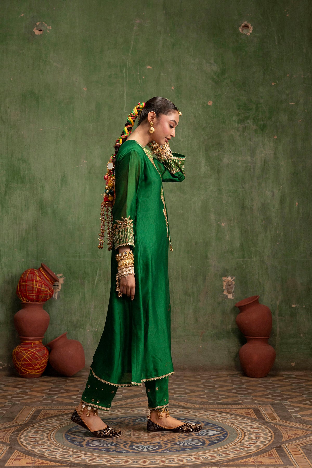 Saanjh Silk Chanderi Aline Kurta Set in Panna
