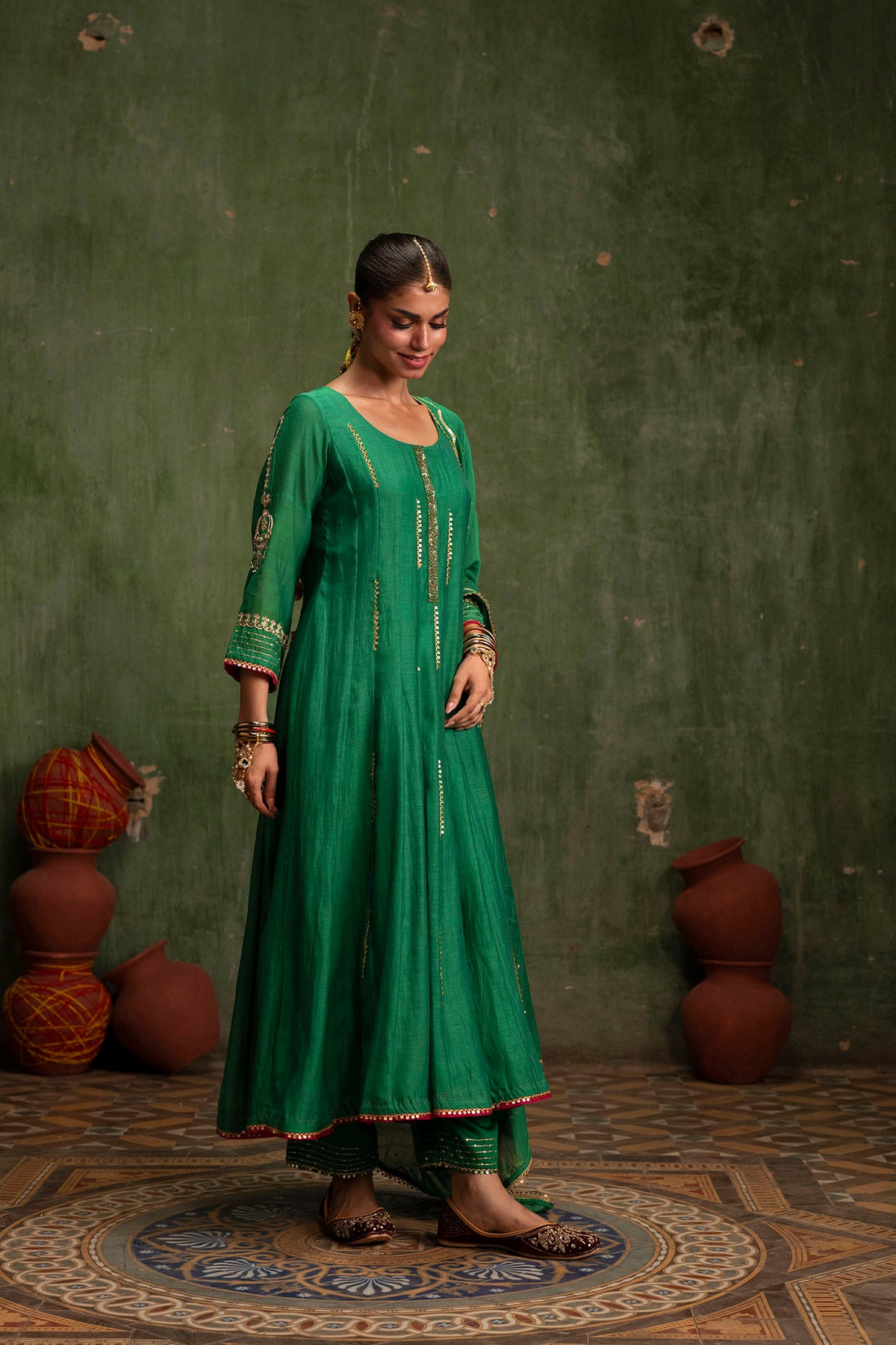 Itraati Mul Chanderi Anarkali Set in Panna