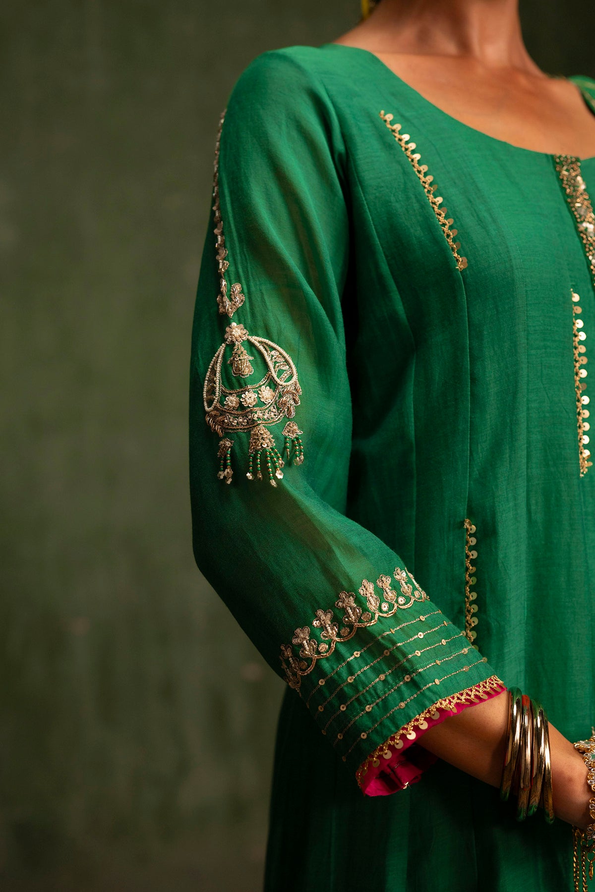 Itraati Mul Chanderi Anarkali Set in Panna