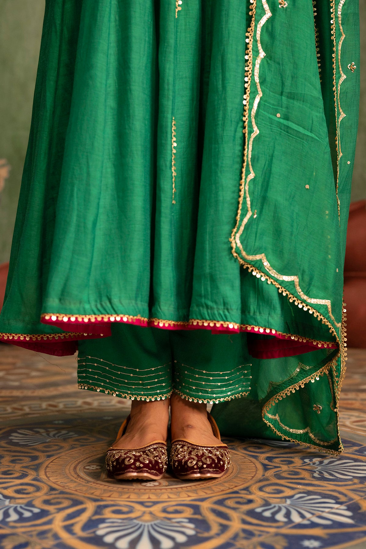 Itraati Mul Chanderi Anarkali Set in Panna