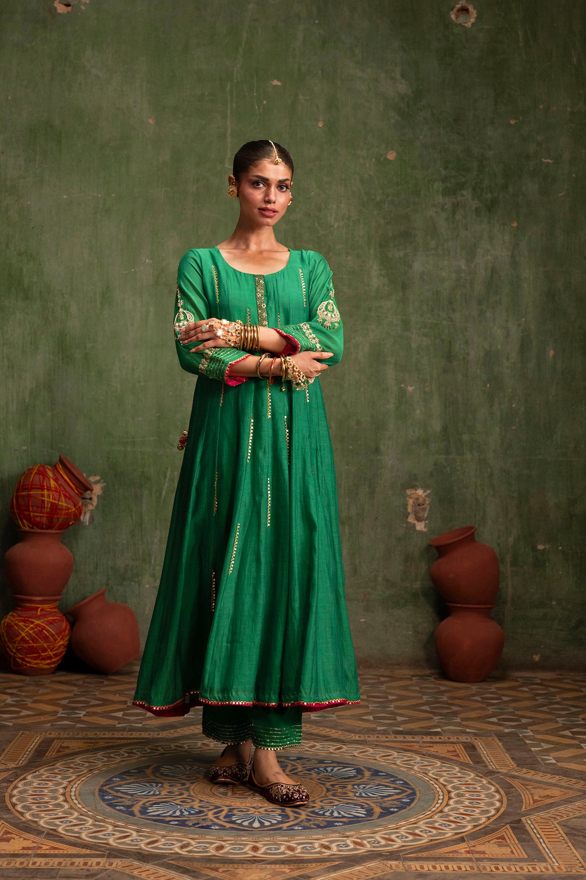 Itraati Mul Chanderi Anarkali Set in Panna