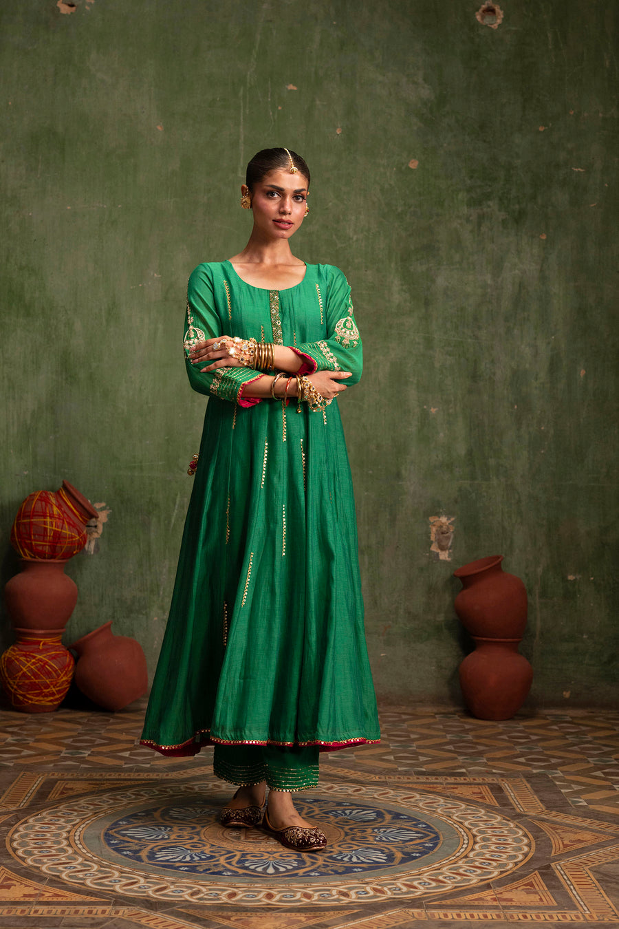 Itraati Mul Chanderi Anarkali Set in Panna