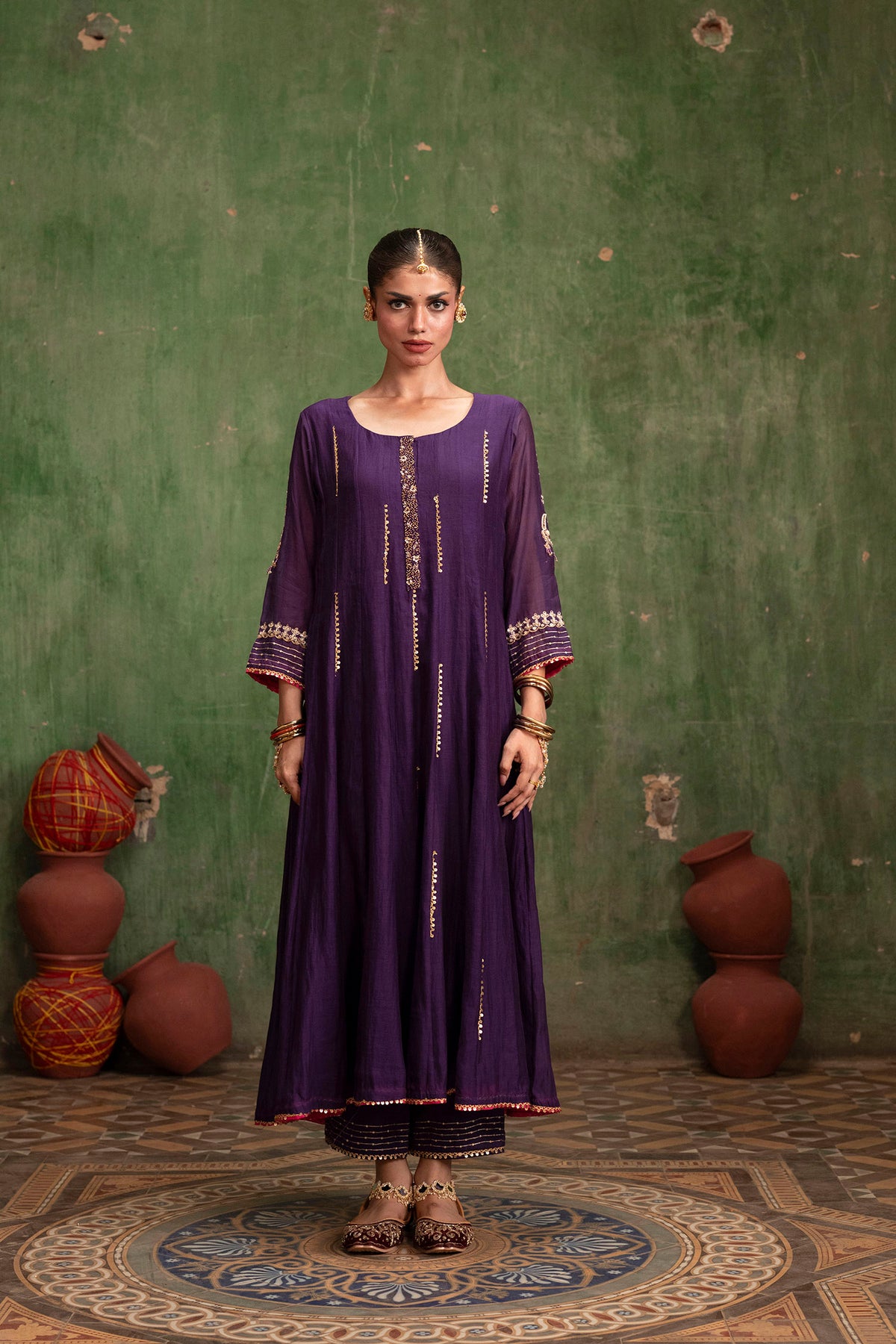 Itraati Mul Chanderi Anarkali Set in Jamuni