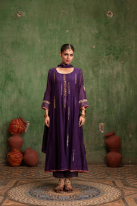 Itraati Mul Chanderi Anarkali Set in Jamuni
