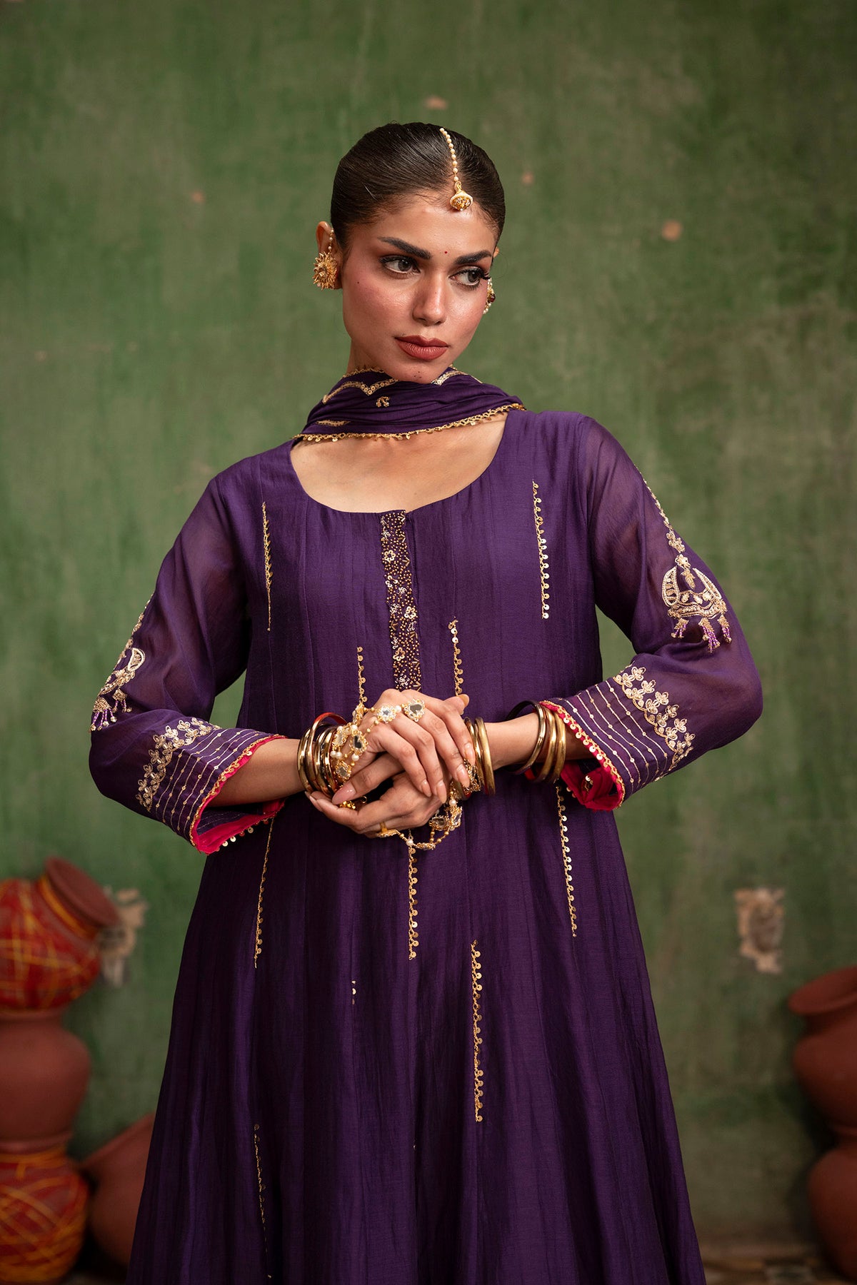 Itraati Mul Chanderi Anarkali Set in Jamuni