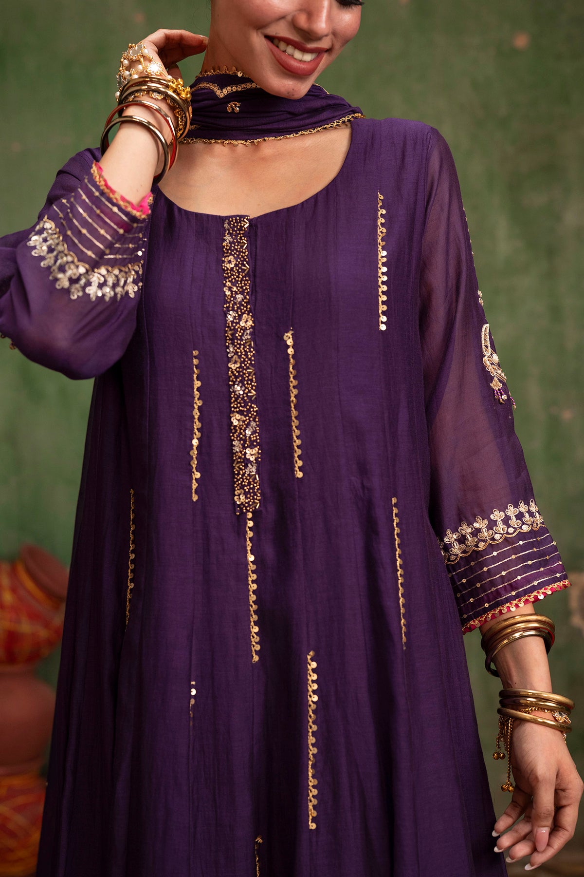 Itraati Mul Chanderi Anarkali Set in Jamuni