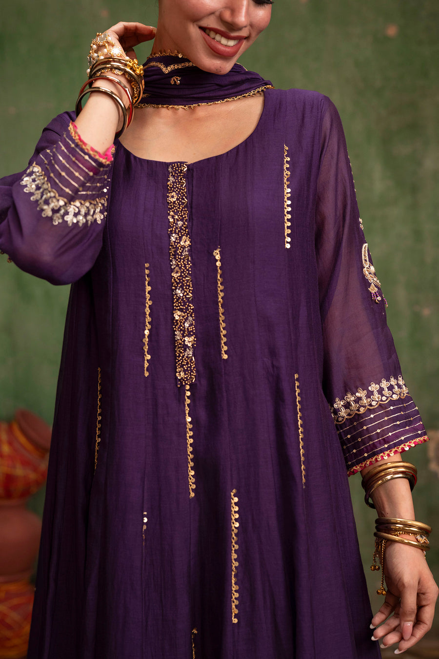 Itraati Mul Chanderi Anarkali Set in Jamuni