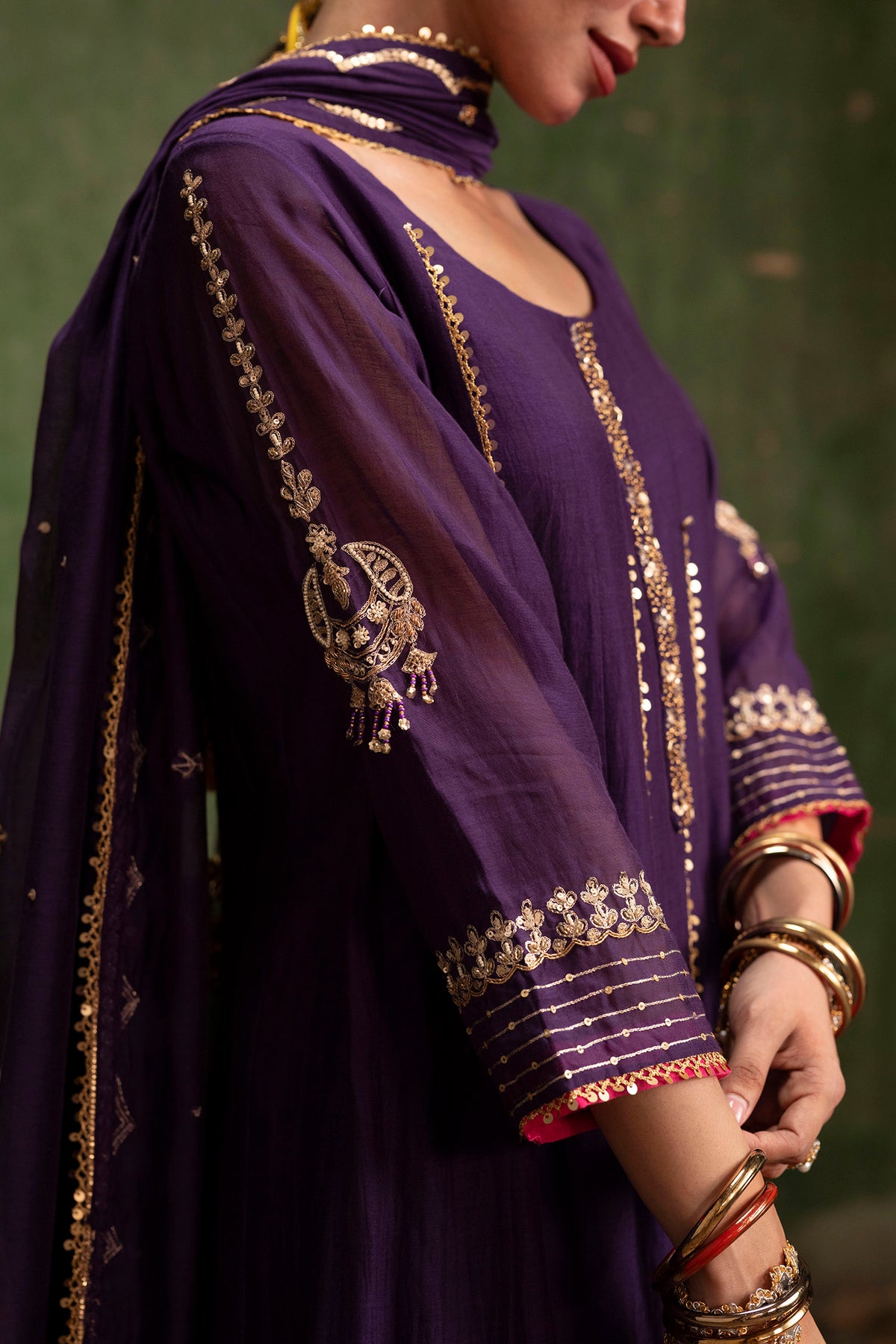 Itraati Mul Chanderi Anarkali Set in Jamuni