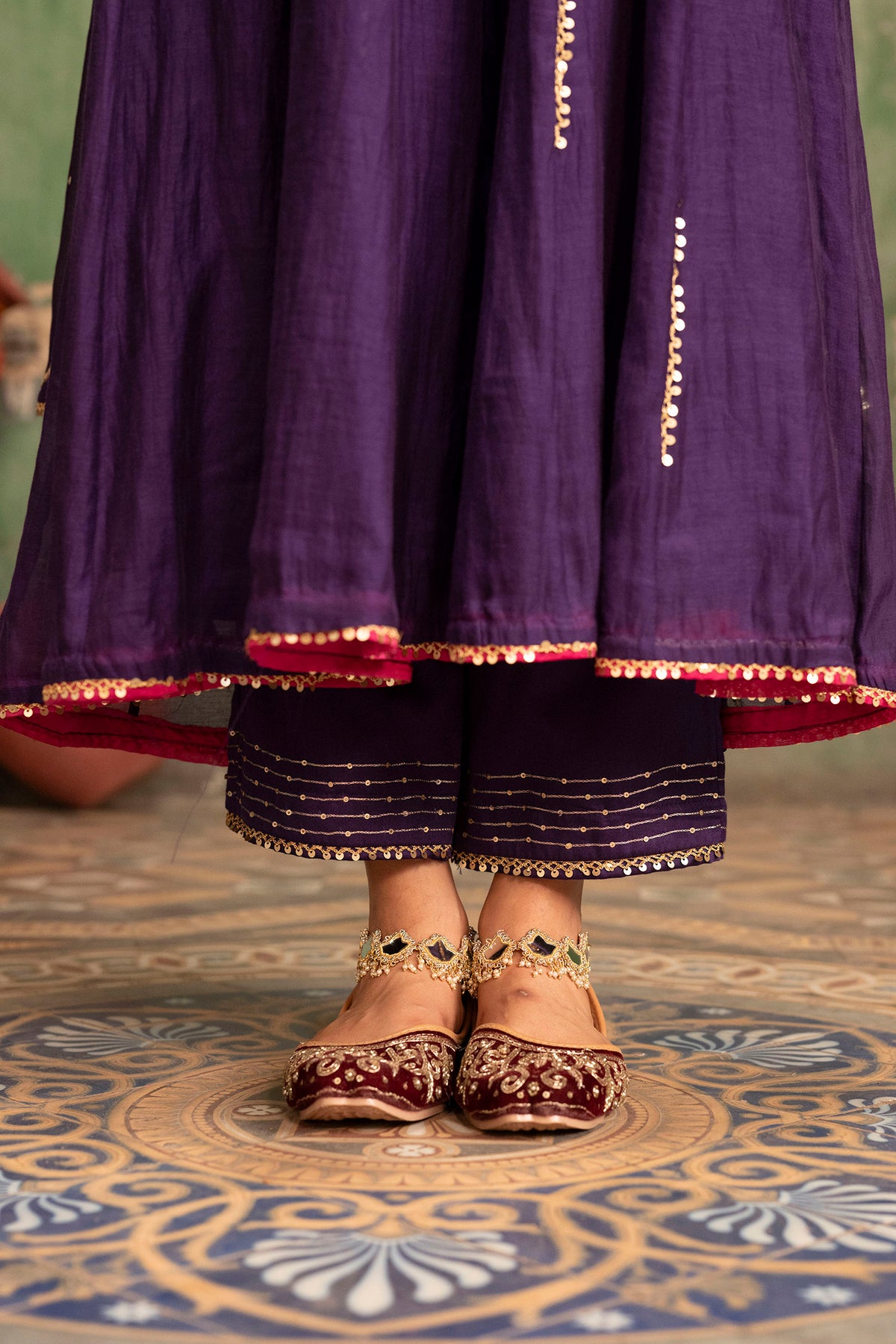 Itraati Mul Chanderi Anarkali Set in Jamuni