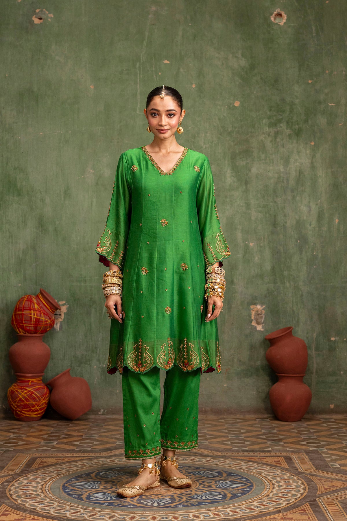 Piroi Mul Chanderi Anarkali Set in Green
