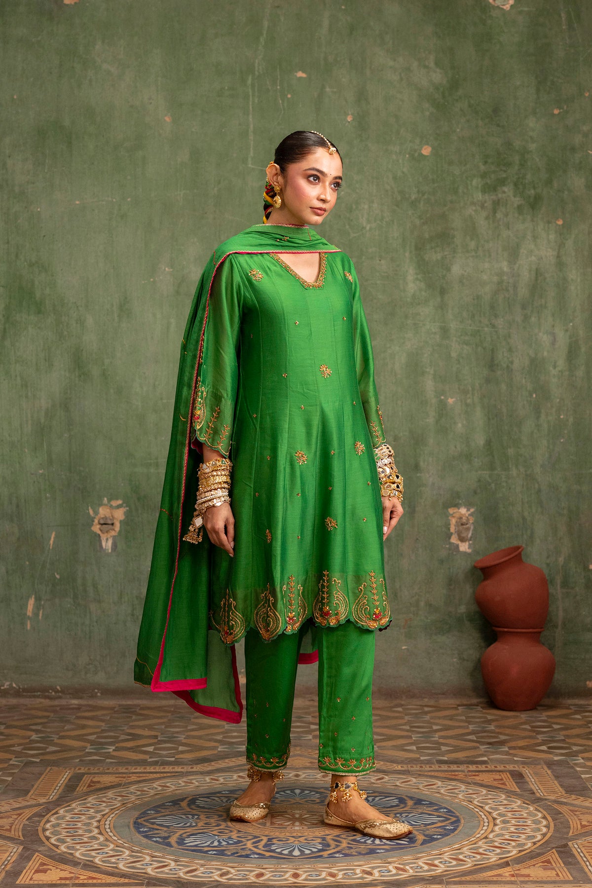 Piroi Mul Chanderi Anarkali Set in Green
