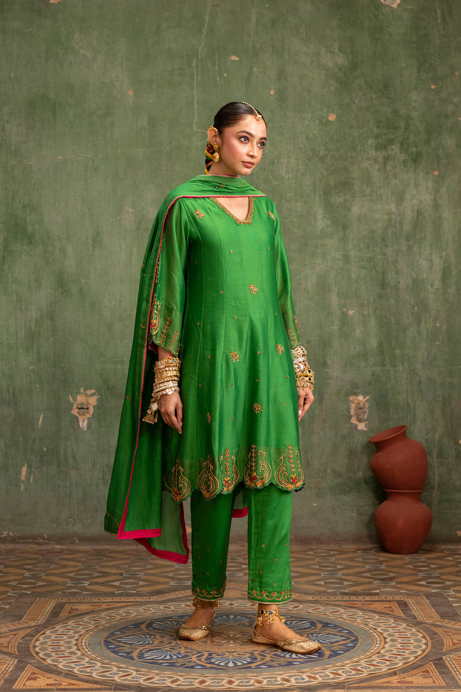 Piroi Silk Chanderi Anarkali Set in Green
