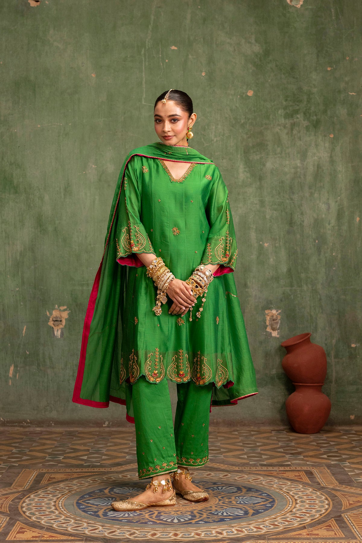 Piroi Mul Chanderi Anarkali Set in Green