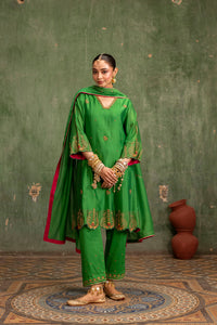 Piroi Mul Chanderi Anarkali Set in Green