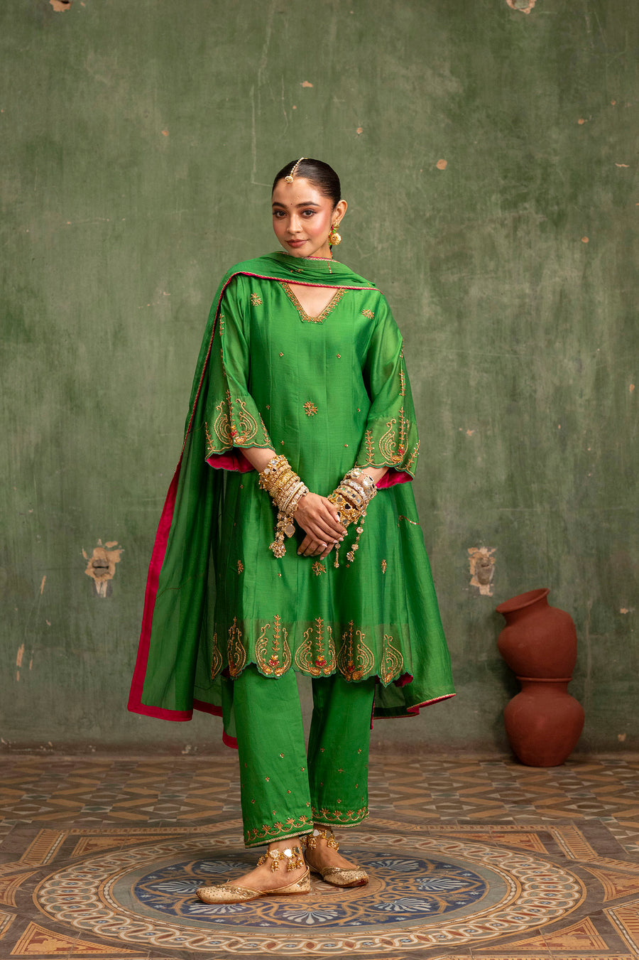 Piroi Silk Chanderi Anarkali Set in Green