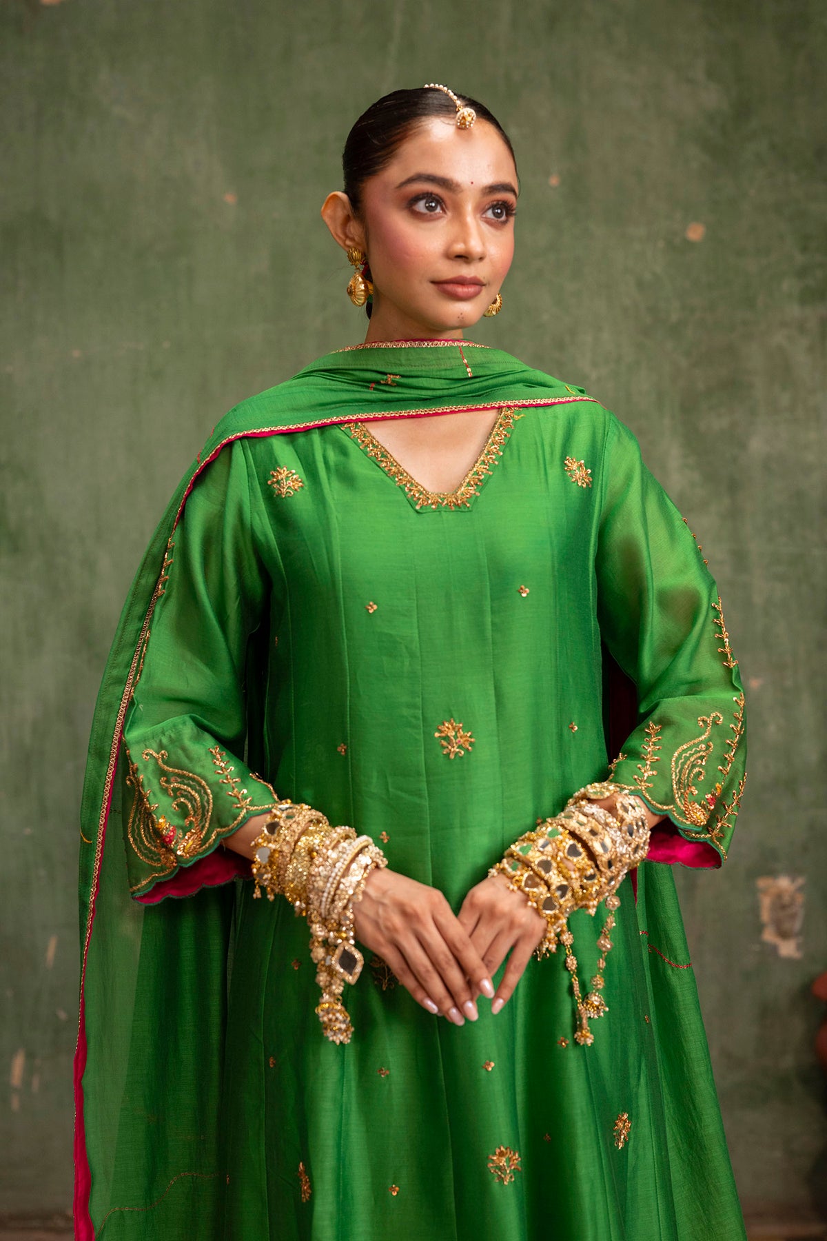 Piroi Mul Chanderi Anarkali Set in Green