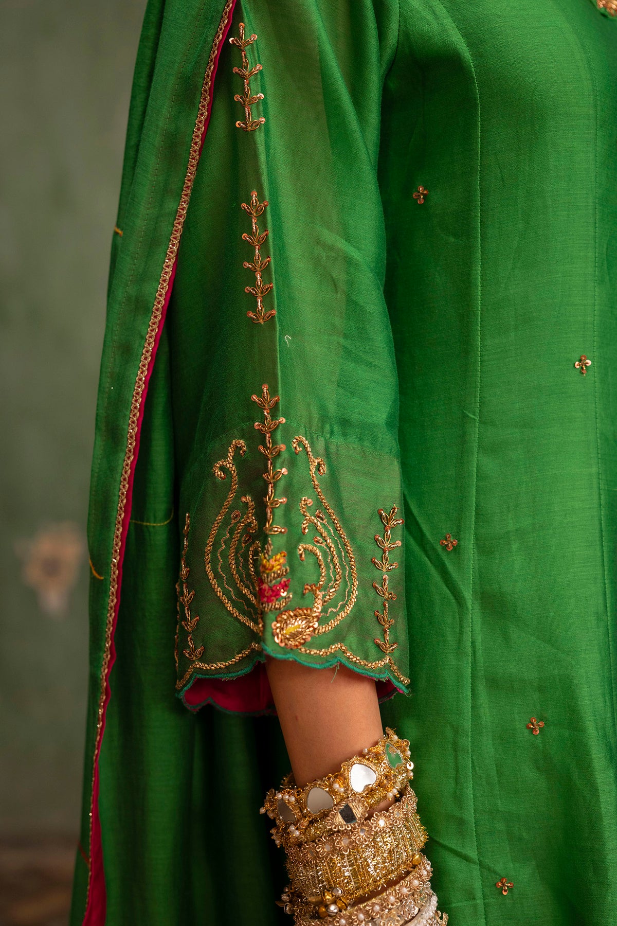 Piroi Mul Chanderi Anarkali Set in Green