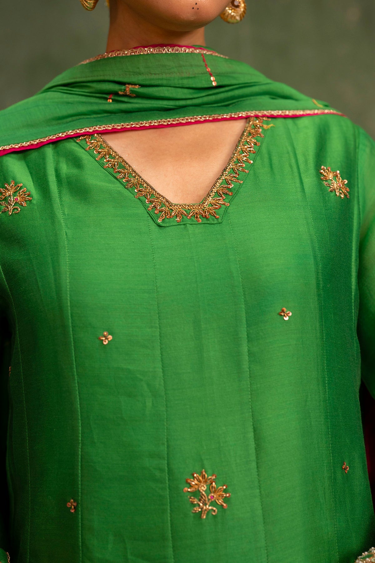 Piroi Mul Chanderi Anarkali Set in Green