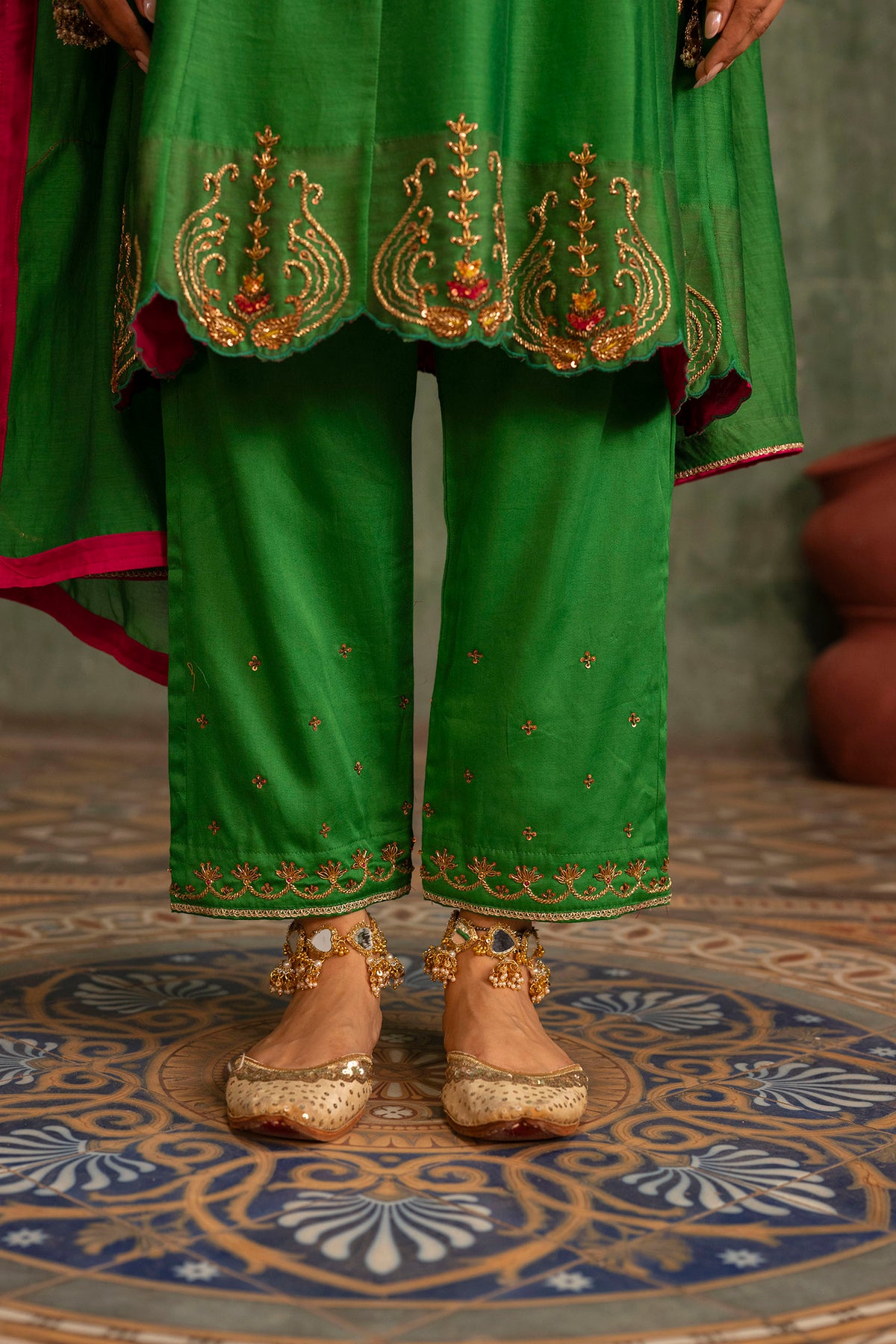 Piroi Mul Chanderi Anarkali Set in Green