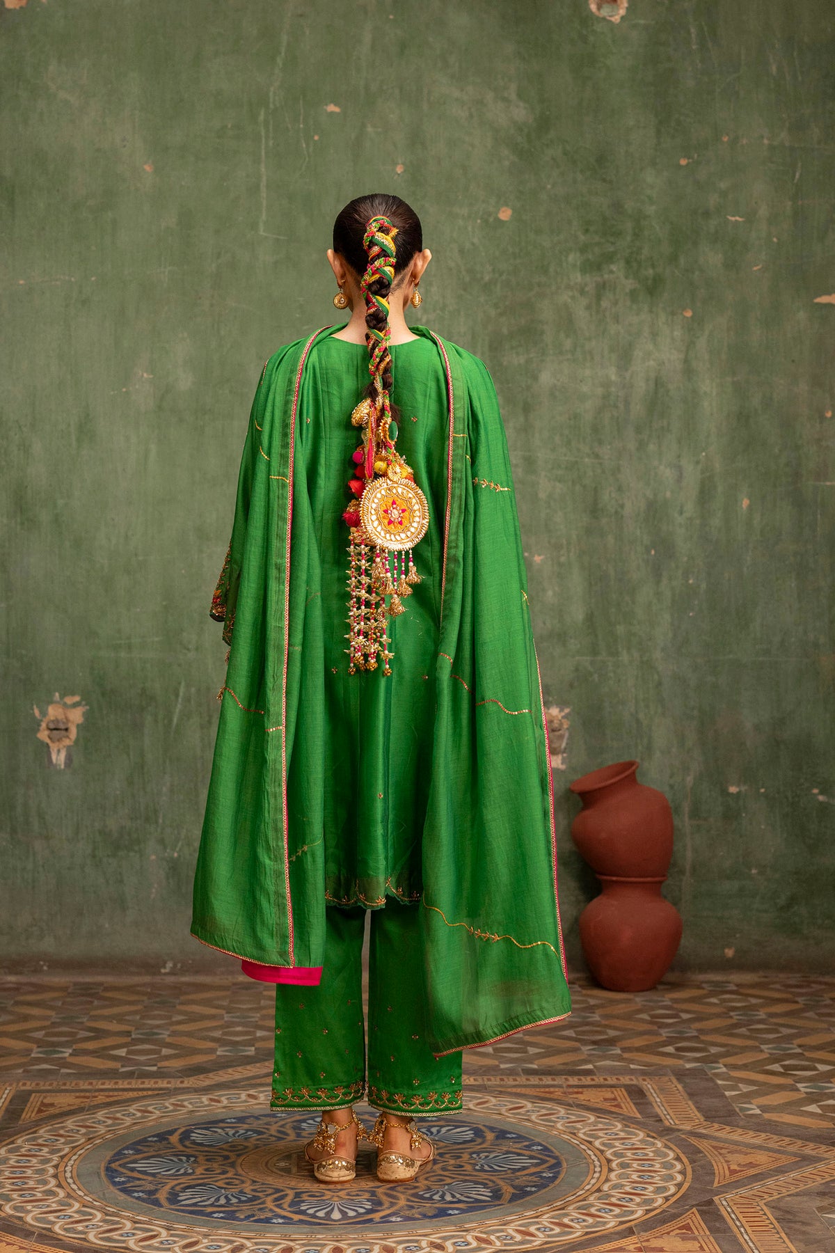 Piroi Mul Chanderi Anarkali Set in Green