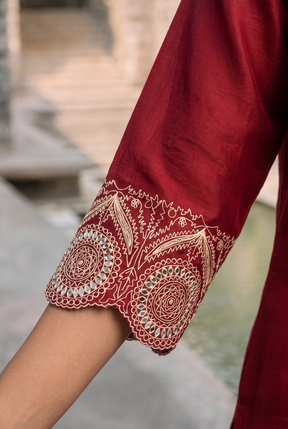 Deewani Silk Chanderi Anarkali Set in Red Berry