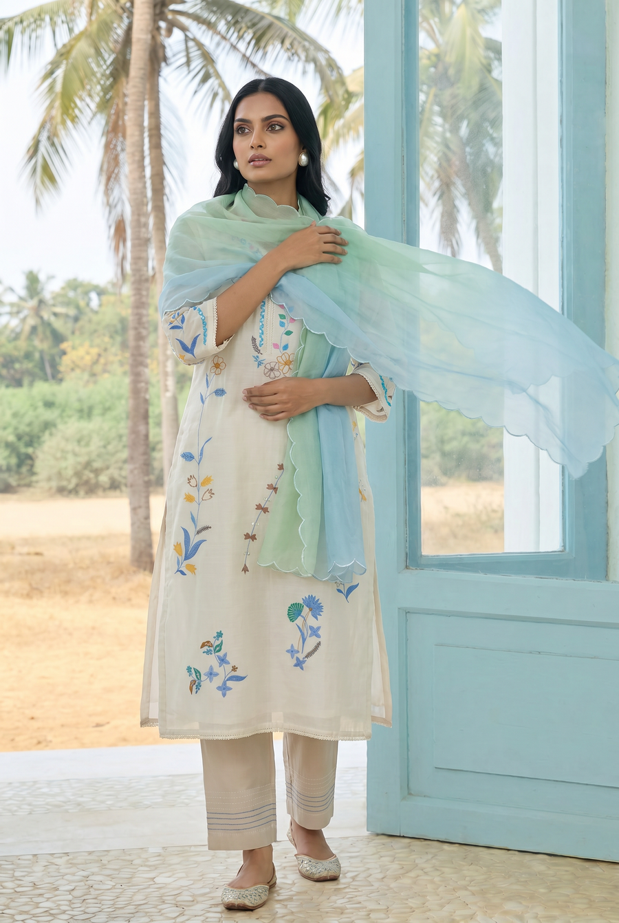 Ivory Applique and Cord Embroidered Kurta Set with Ombre Dupatta