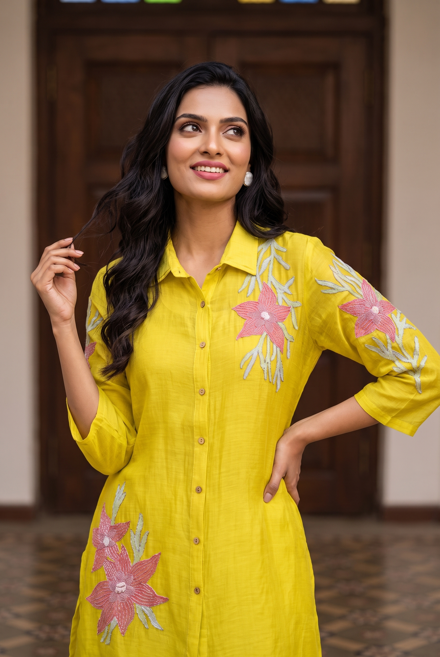 Ira Mul Chanderi Co-ord Set in Lime Yellow