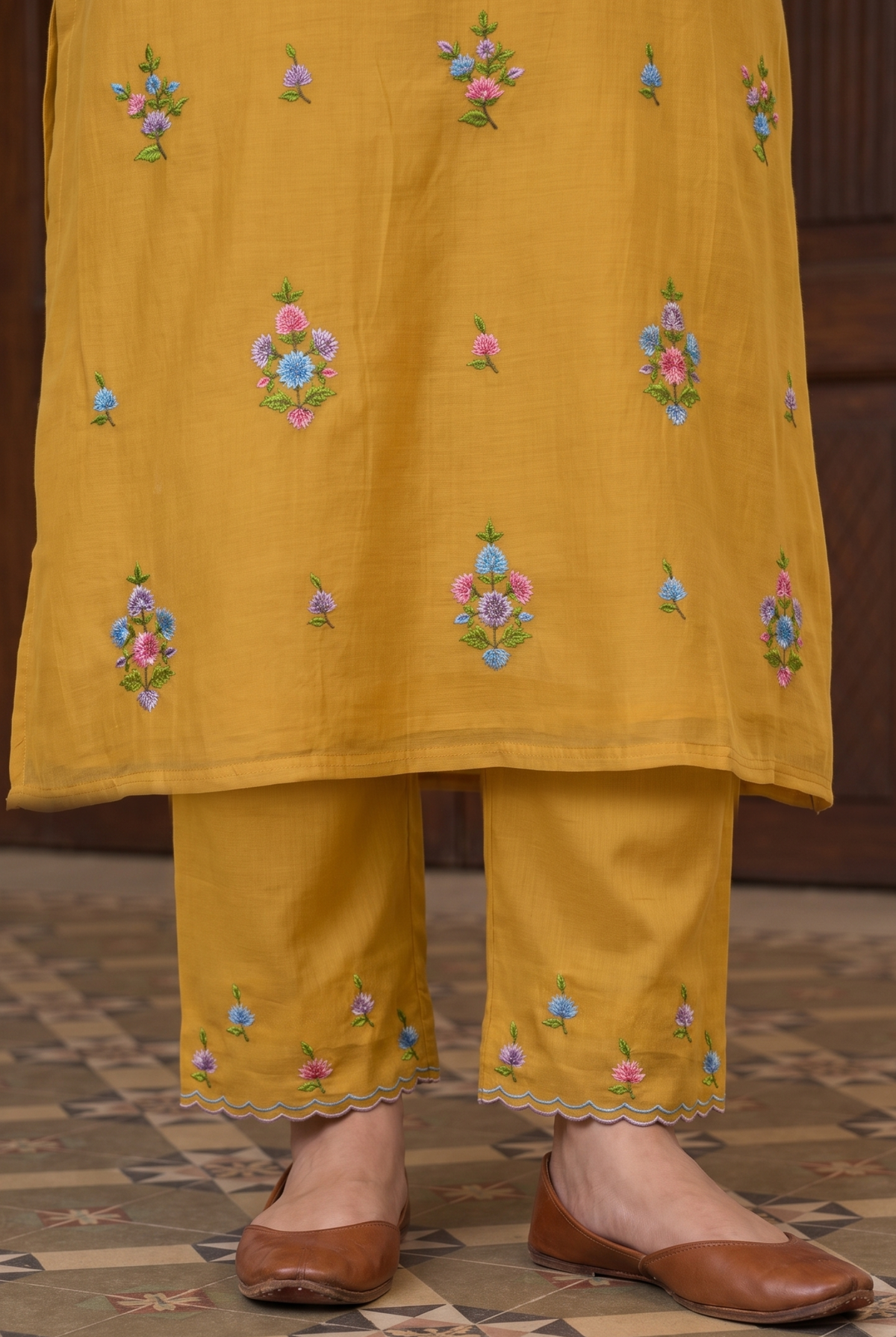 Veya Thread Embroidered Kurta Set in Vintage Yellow