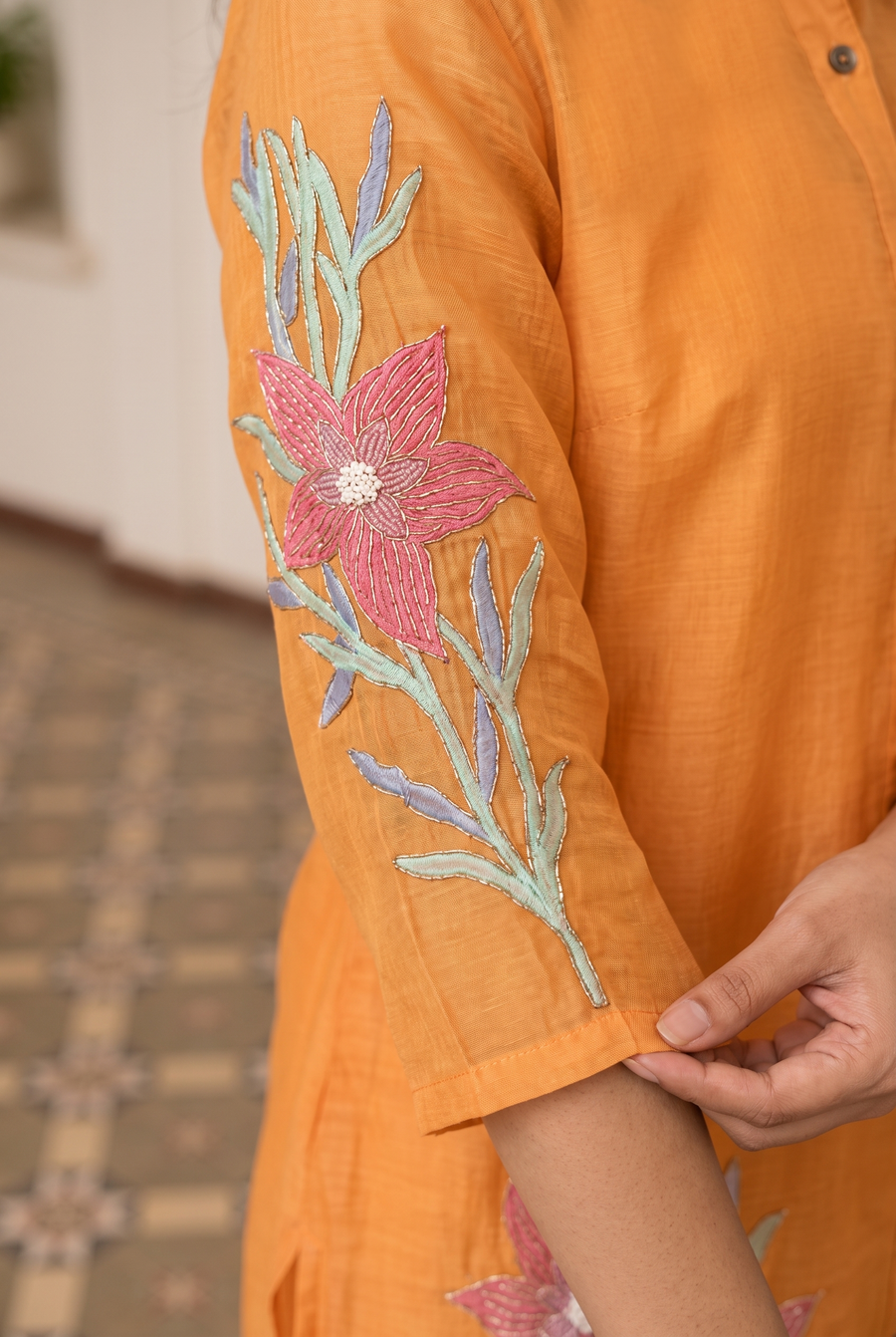 Ira Mul Chanderi Co-ord Set in Sunset Orange