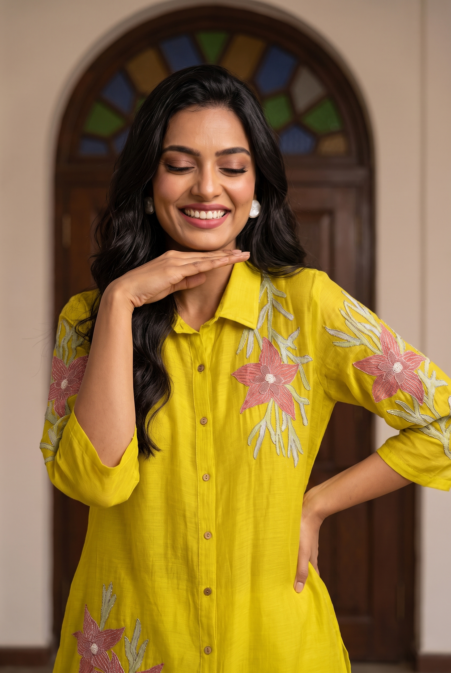 Ira Mul Chanderi Co-ord Set in Lime Yellow