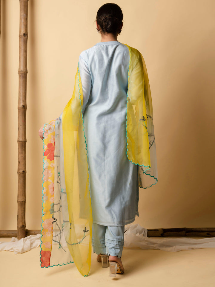 AM Floral Applique Kurta Set (Sky Blue)