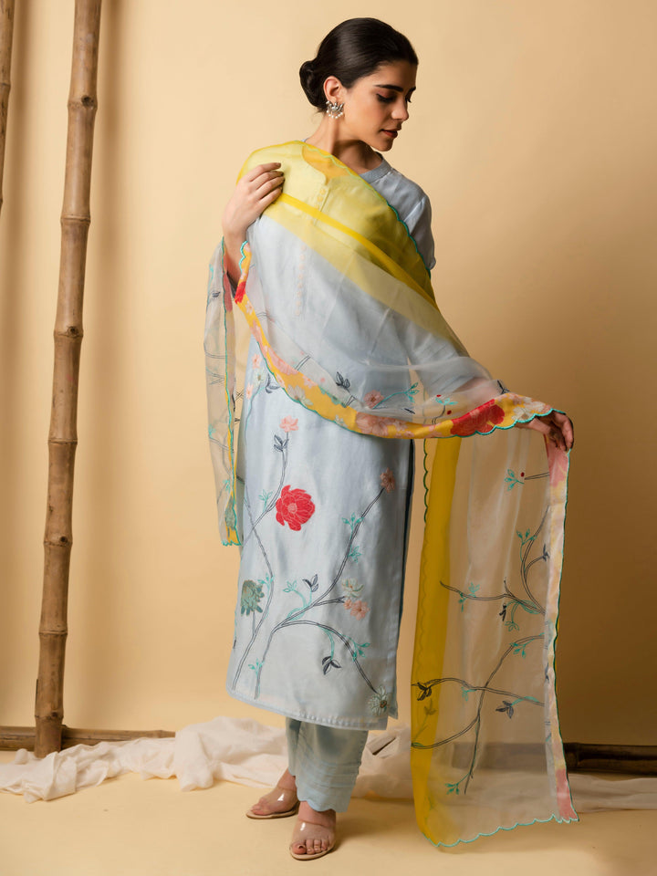 AM Floral Applique Kurta Set (Sky Blue)